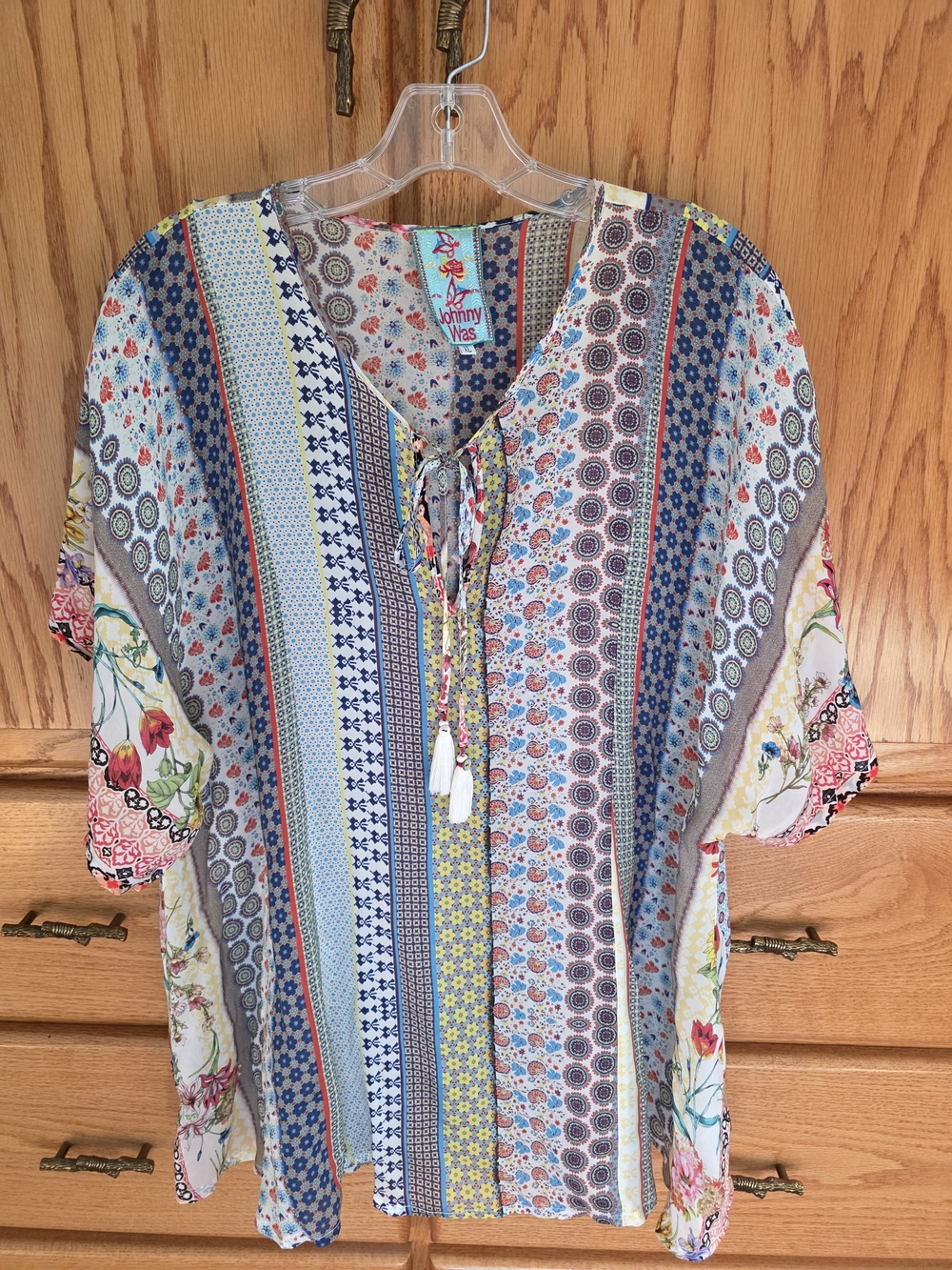 Johnny Was Blue Multicolor Striped Floral Tie-Front Tunic